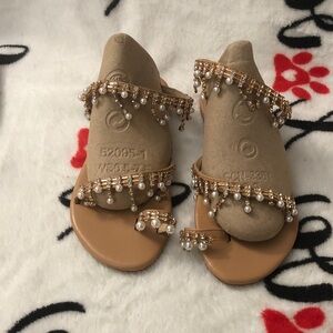 Beaded Tan Sandals with Pearl Accents